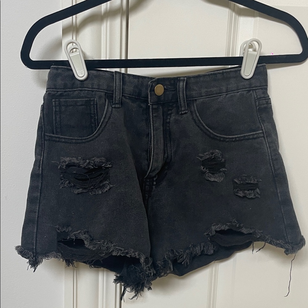 Distressed Black Denim Shorts